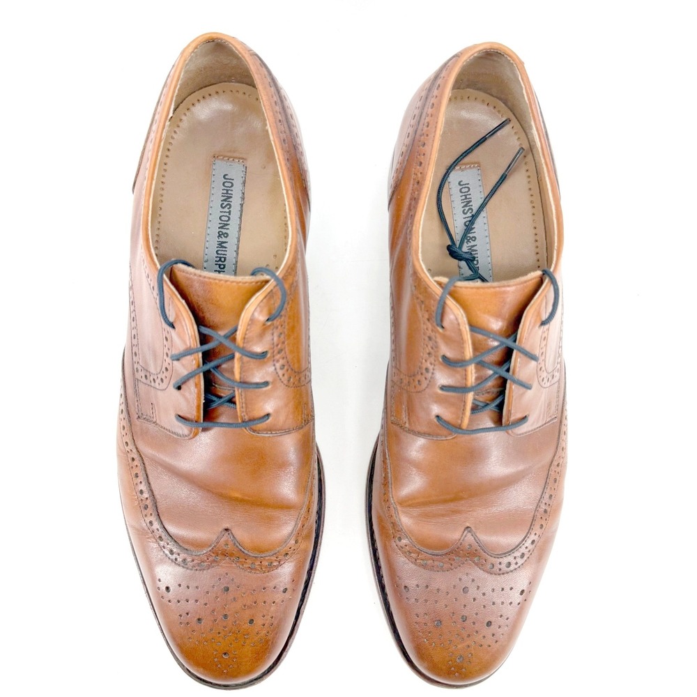 Johnston & Murphy Wingtip Oxford Men 11 Cognac Brogue Leather Dress Shoes - Picture 4 of 9
